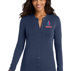 LM1008 Port Authority Women's Concept Stretch Button-Front Cardigan in Dress Blue Navy with DCHC logo on the left chest.