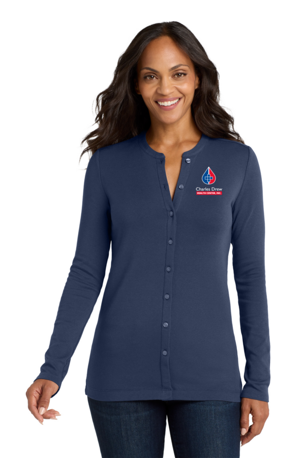 LM1008 Port Authority Women's Concept Stretch Button-Front Cardigan in Dress Blue Navy with DCHC logo on the left chest.