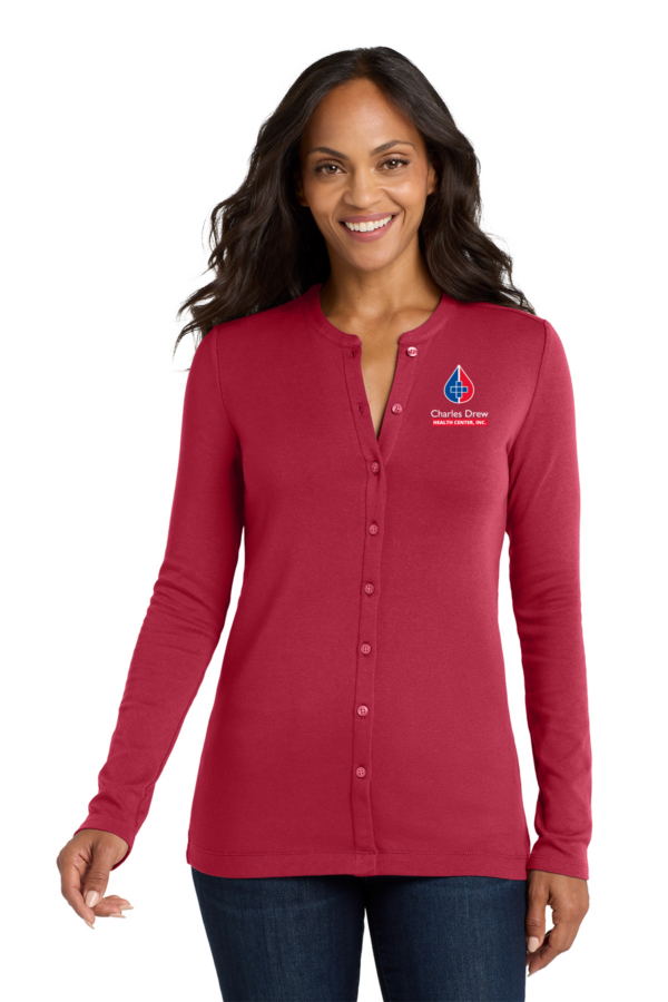 LM1008 Port Authority Women's Concept Stretch Button-Front Cardigan in Rich Red with DCHC logo on the left chest.