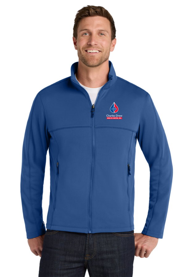 Man in a blue smooth fleece zip-up jacket with CDHC logo on the left chest.