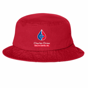 A red bucket hat with the Charles Drew Health Center logo embroidered on the front center.